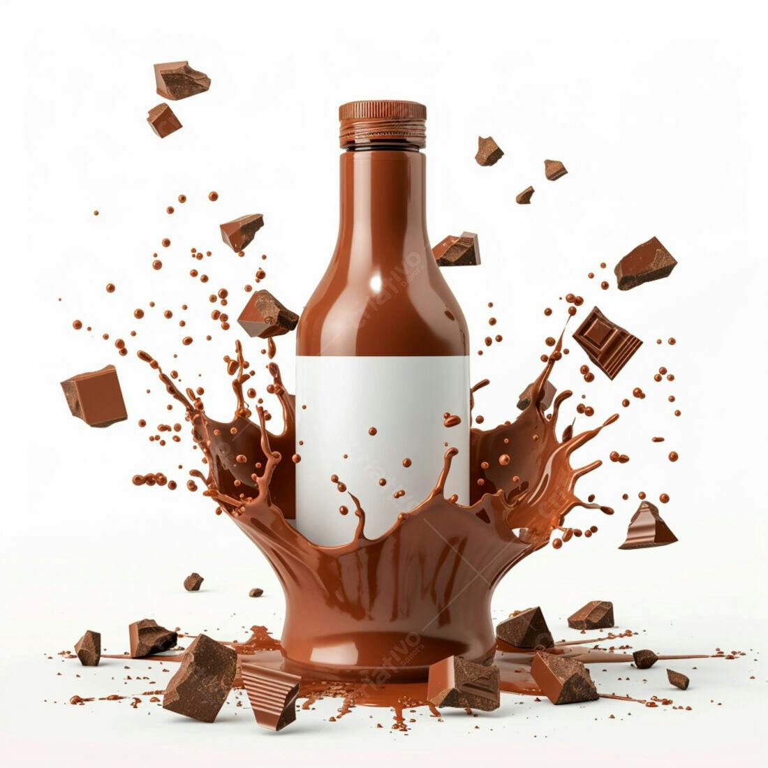Garrafa de chocolate com respingos e pedaços