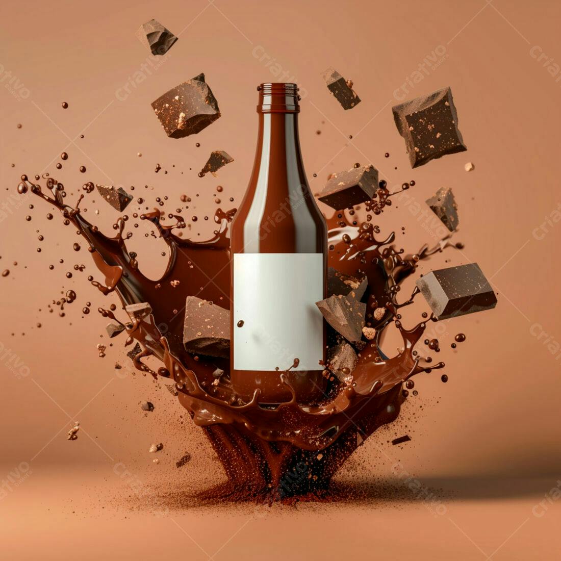 Garrafa de chocolate em splash com pedaços