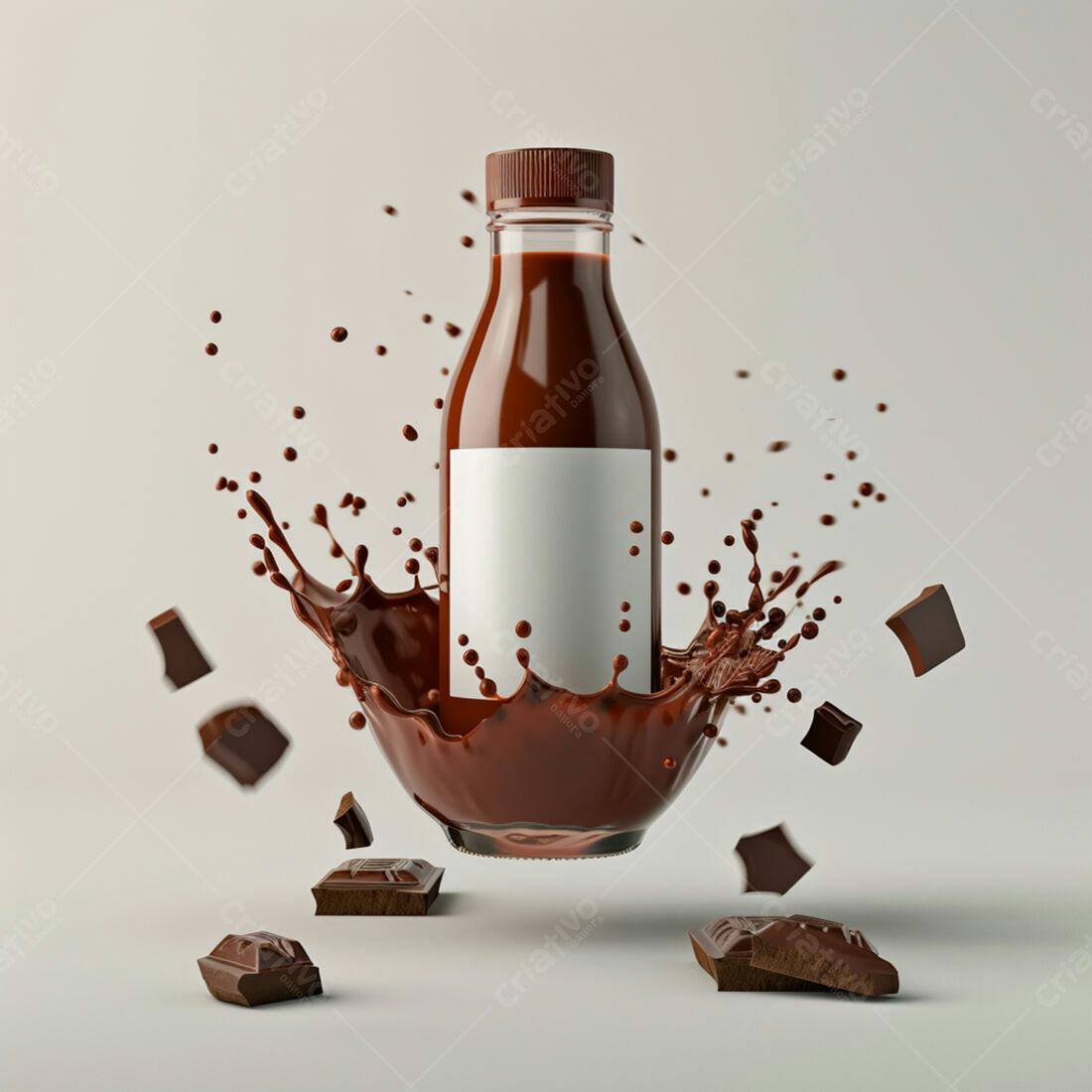Garrafa de chocolate líquido com pedaços