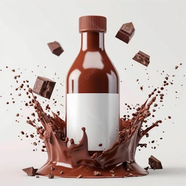 Garrafa de achocolatado com splash e pedaços de chocolate ao redor 22