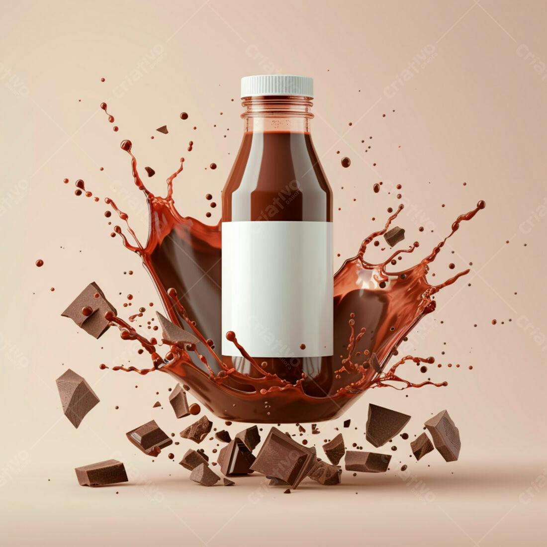 Garrafa de chocolate líquido com pedaços de chocolate