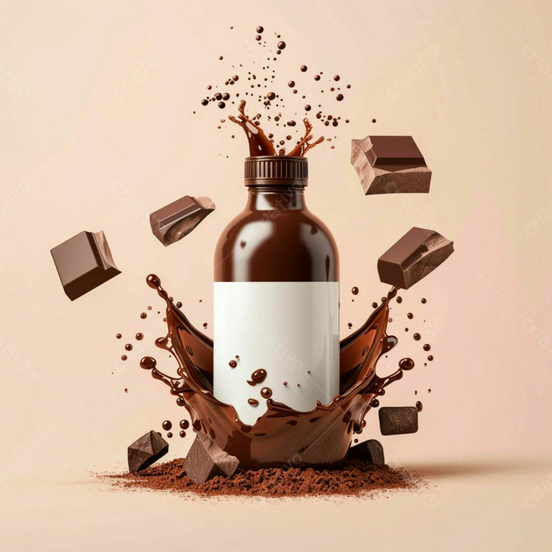 Garrafa de chocolate com pedaços caindo