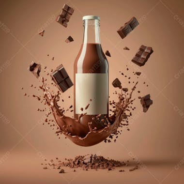 Garrafa de achocolatado com splash e pedaços de chocolate ao redor 29