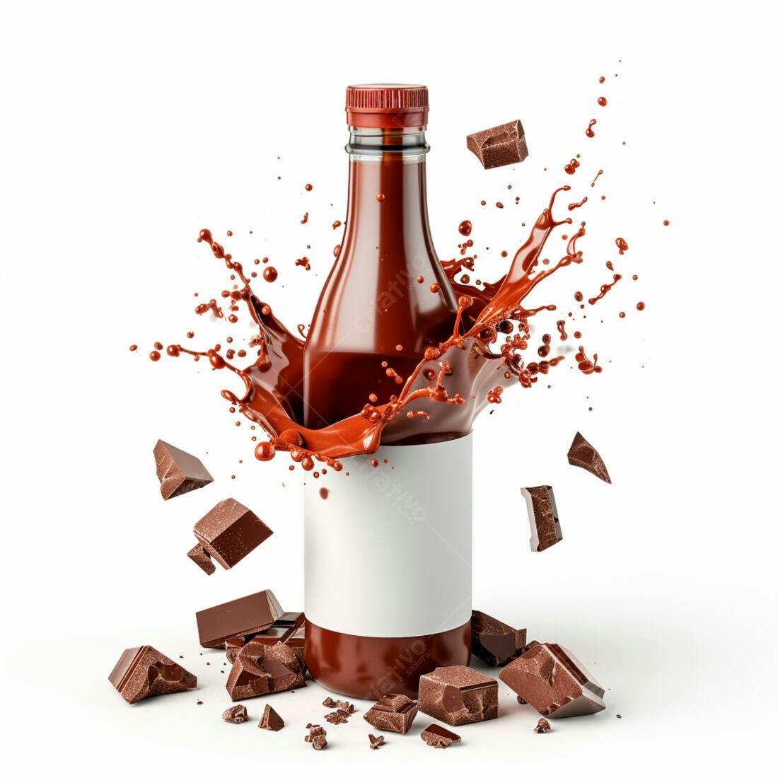 Garrafa de chocolate com respingos e pedaços