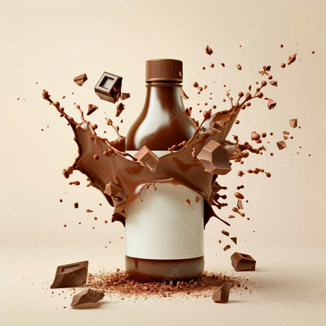 Garrafa de chocolate com respingos e pedaços