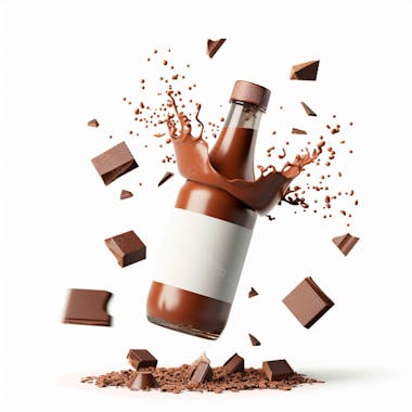 Garrafa de achocolatado com splash e pedaços de chocolate ao redor 33