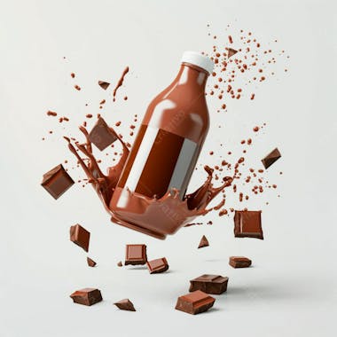 Garrafa de achocolatado com splash e pedaços de chocolate ao redor 34