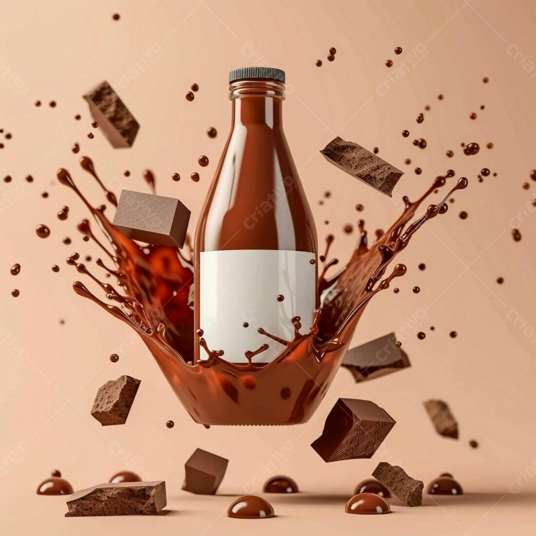 Garrafa de chocolate com respingos e pedaços