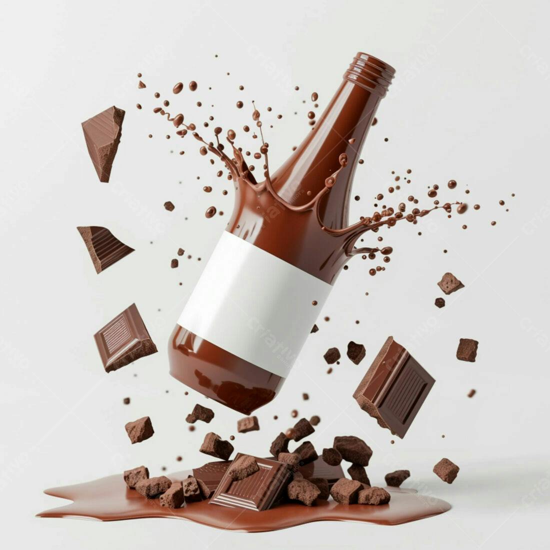 Garrafa de chocolate derretido com pedaços caindo