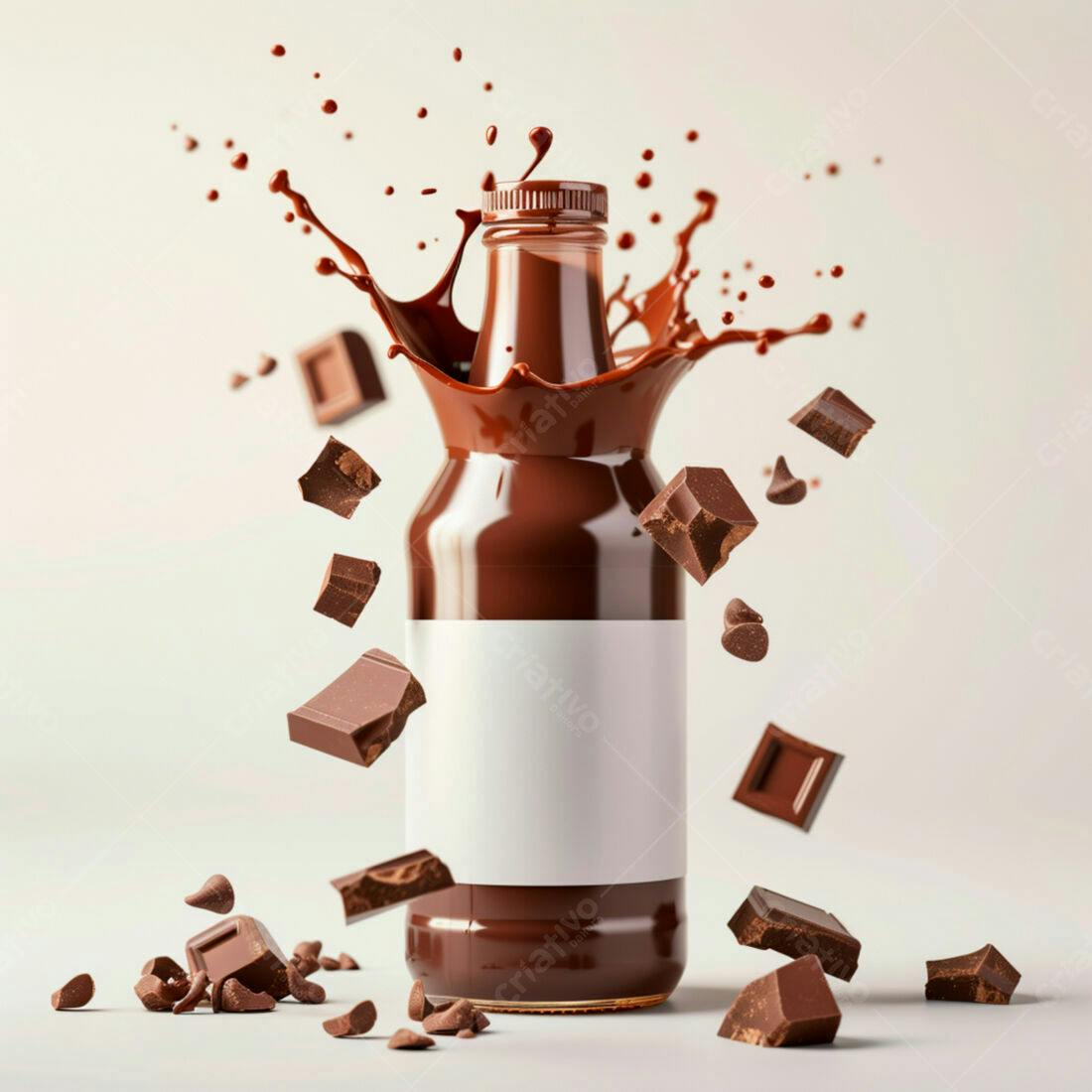 Garrafa de chocolate com pedaços caindo