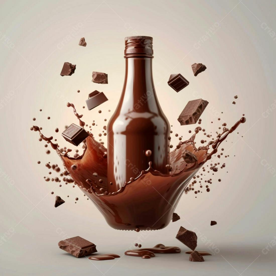 Garrafa de chocolate com respingos e pedaços