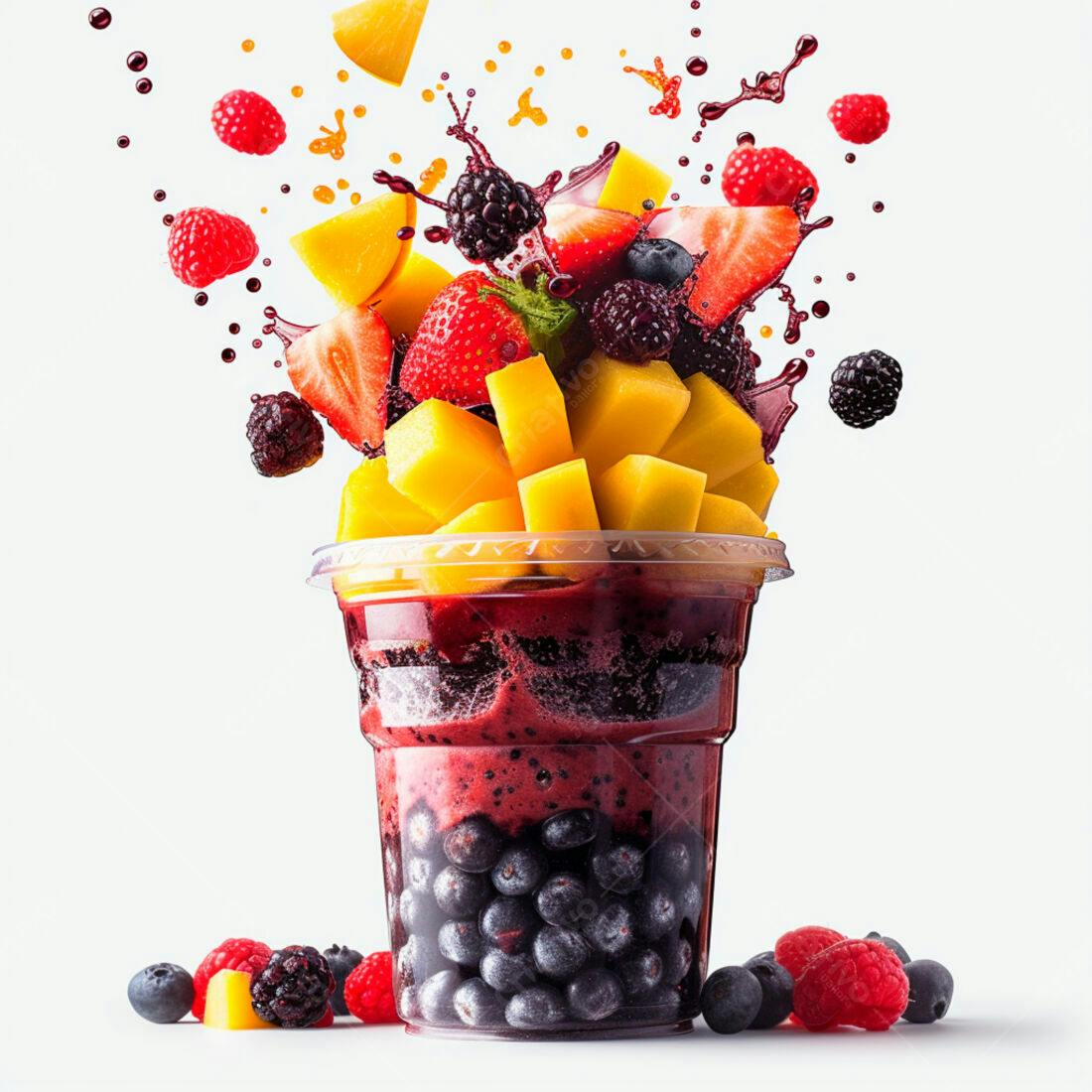 Smoothie de frutas vermelhas e manga explodindo