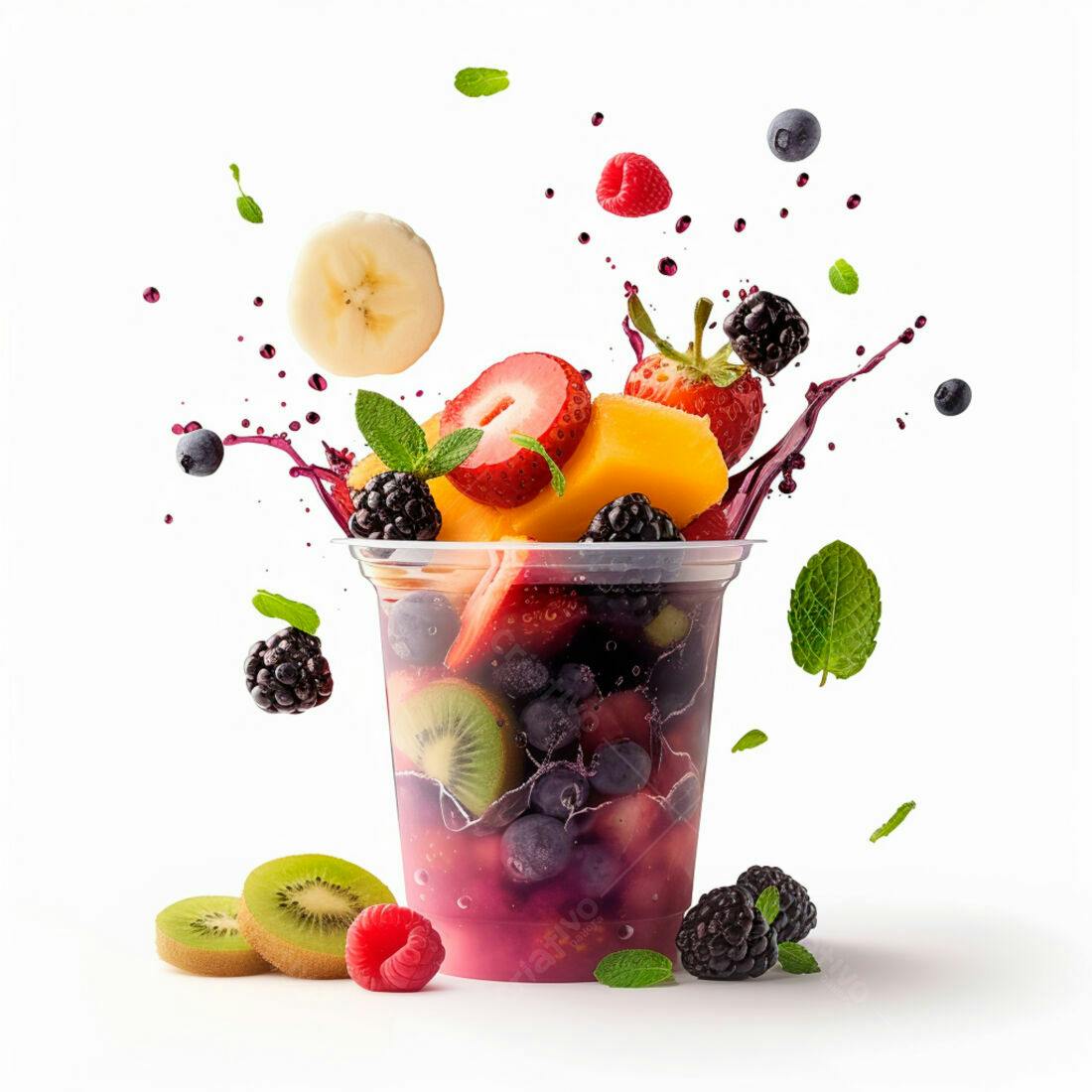 Suco de frutas tropicais e vermelhas com frutas em suspensão