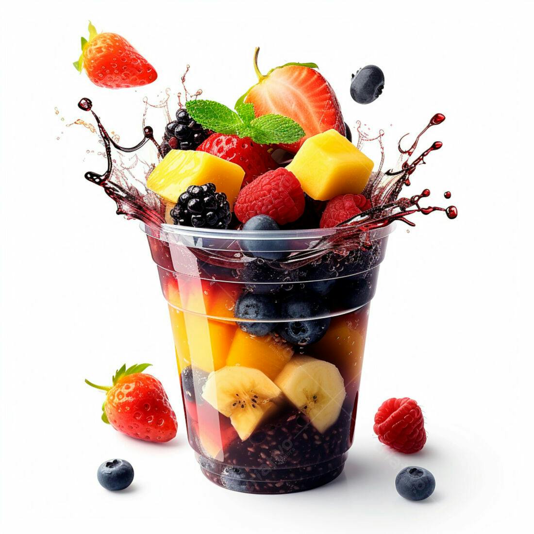 Copo de frutas tropicais e vermelhas com suco