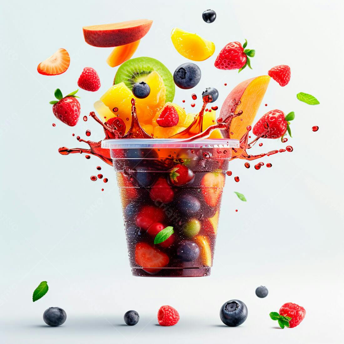 Suco de frutas tropicais em copo plástico