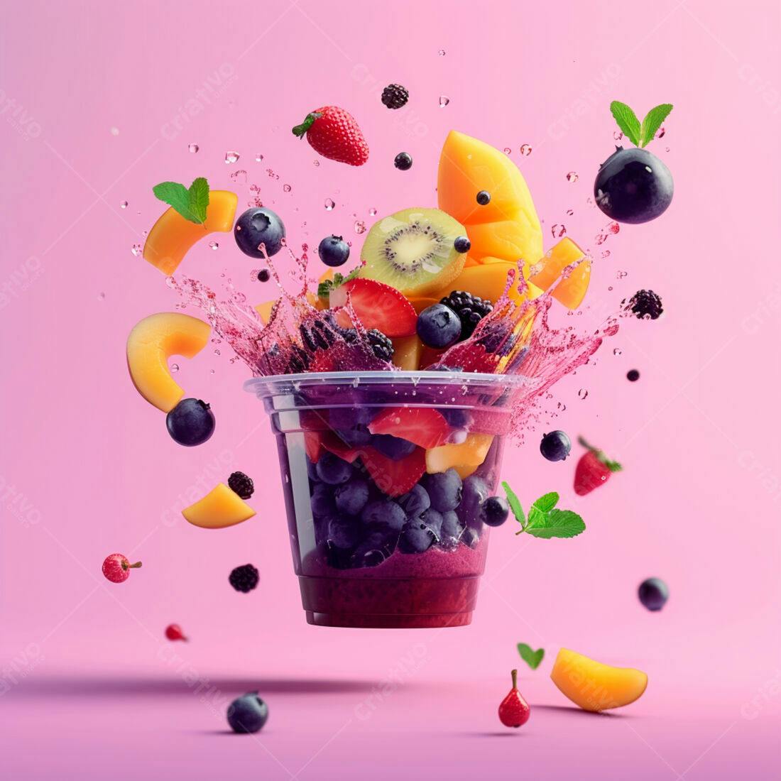 Suco de frutas vermelhas e tropicais em copo plástico