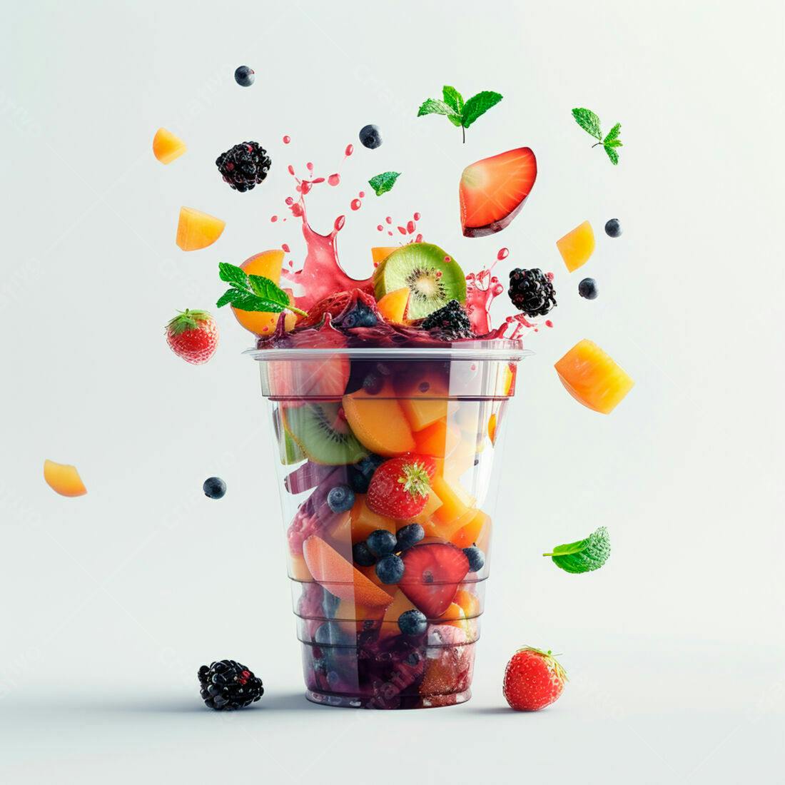 Suco de frutas vermelhas e tropicais em copo plástico