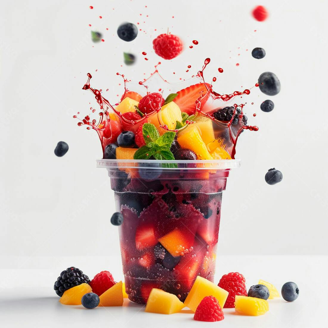 Suco de frutas vermelhas com calda e frutas tropicais