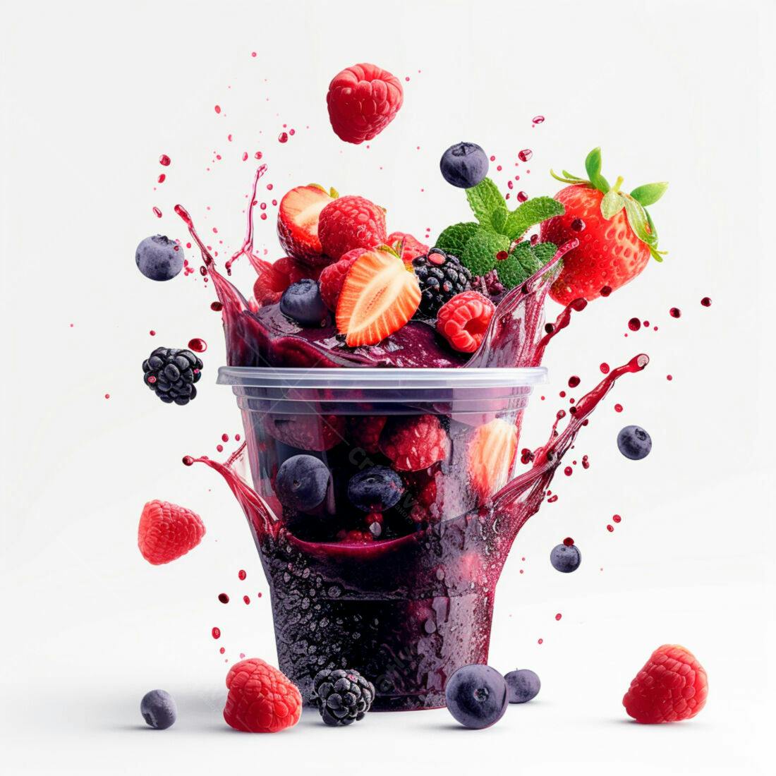 Suco de frutas vermelhas em copo plástico