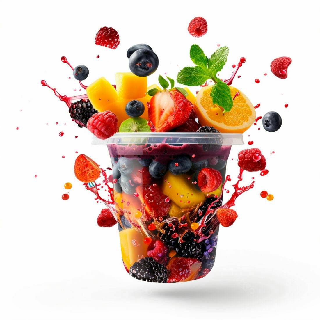 Copo de frutas tropicais e vermelhas