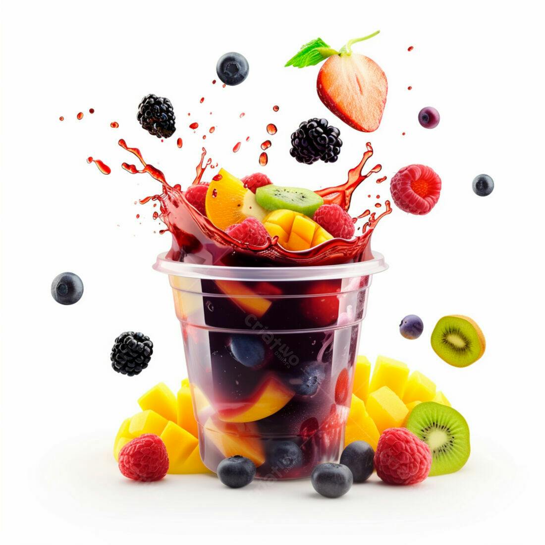 Suco de frutas vermelhas e tropicais em copo plástico
