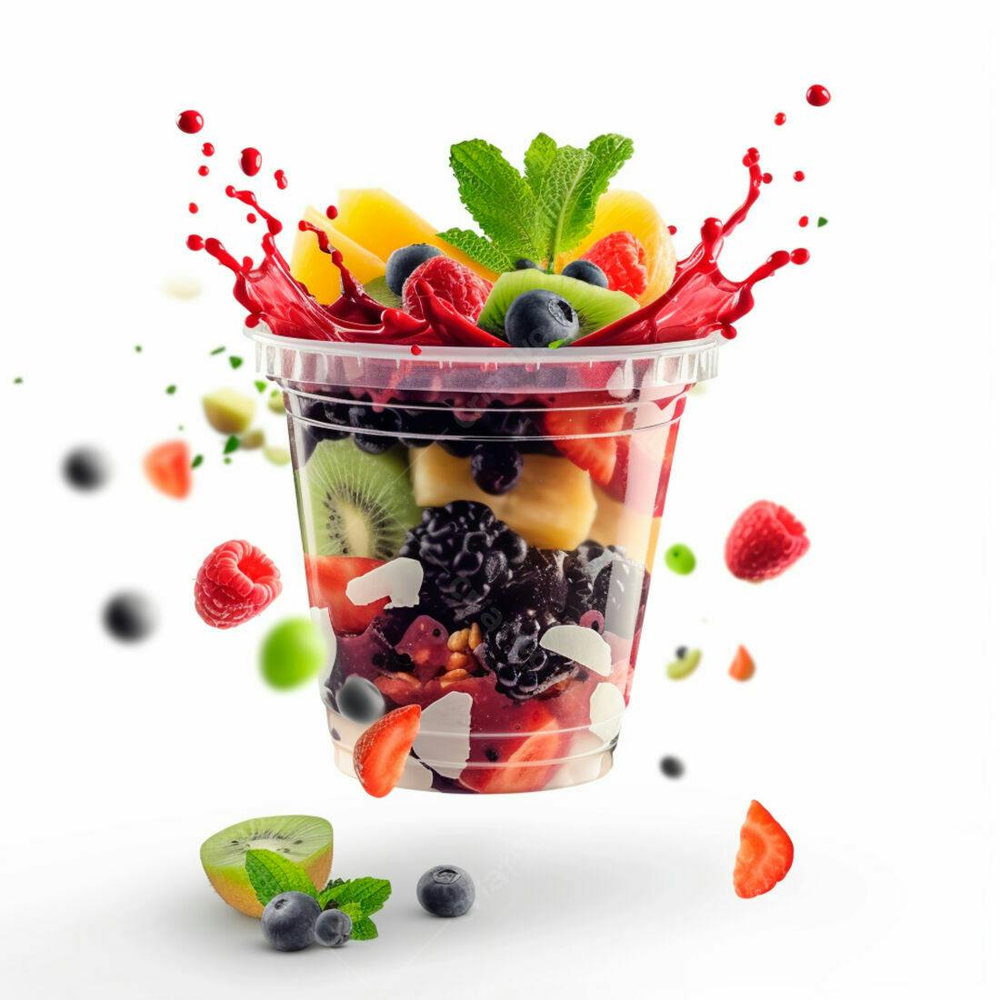 Copo de frutas tropicais e vermelhas com suco
