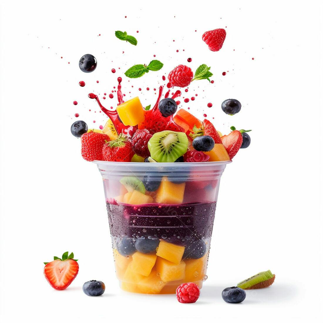 Suco de frutas tropicais com mirtilo e framboesa