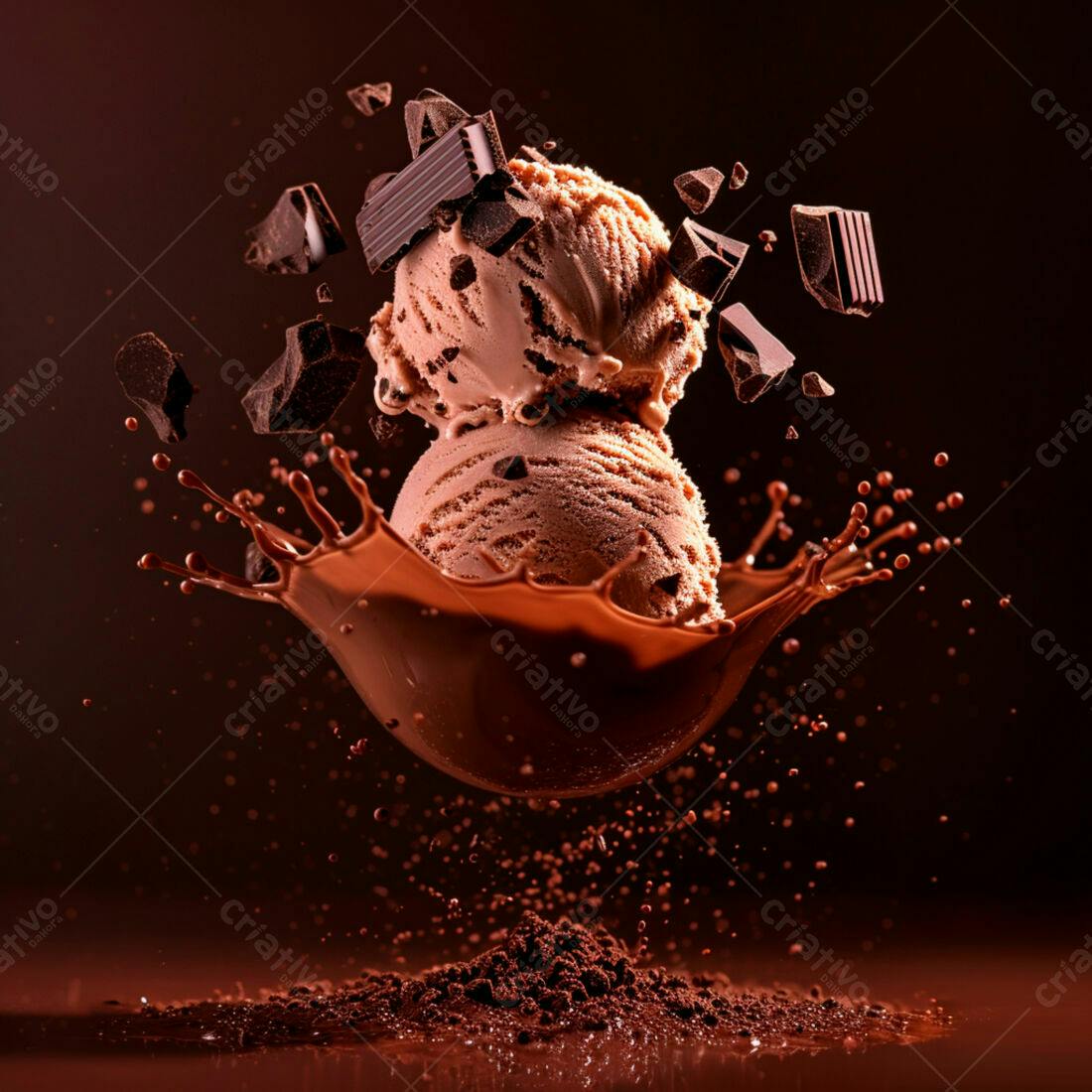 Dois scoops de sorvete de chocolate com pedaços de chocolate