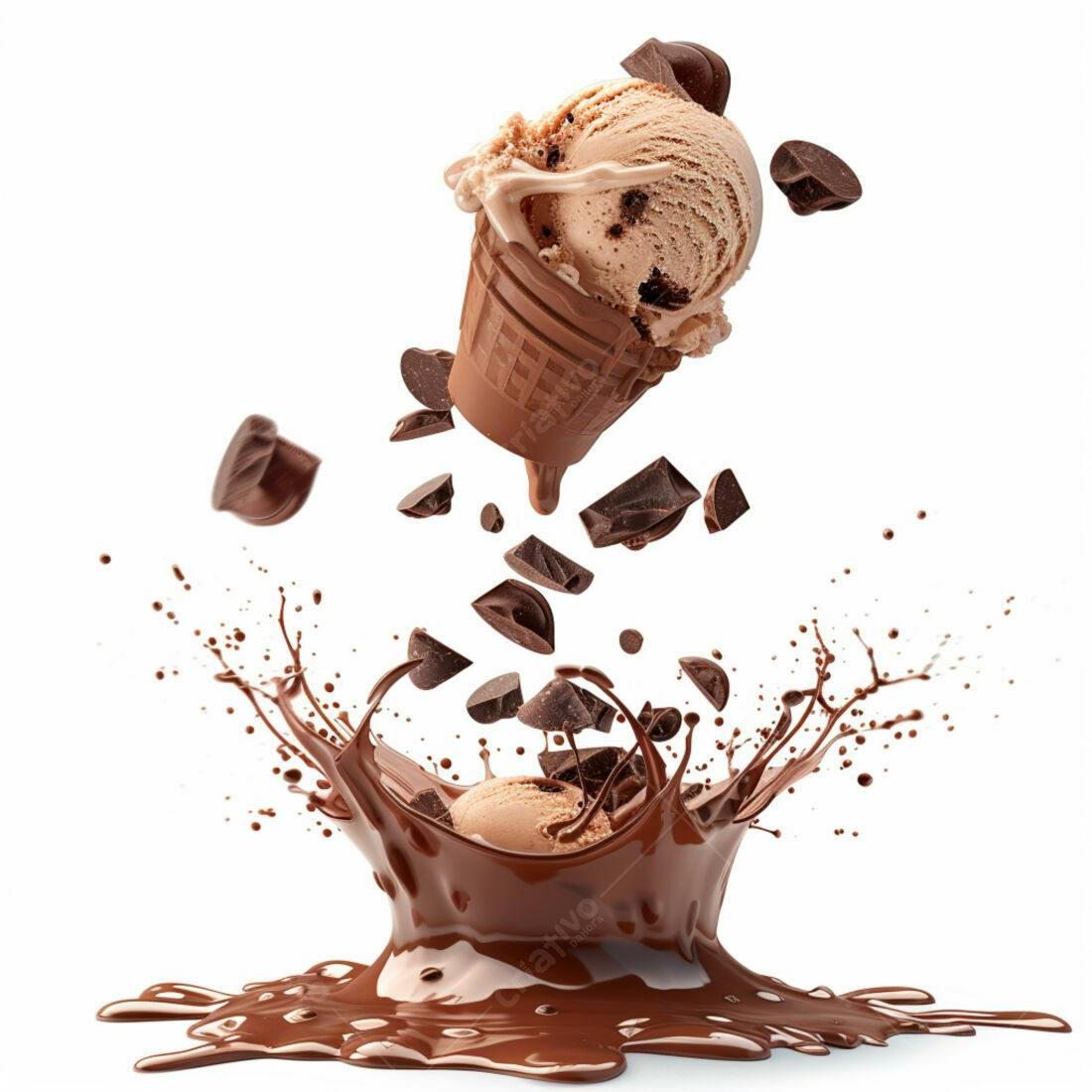 Sorvete de chocolate caindo em calda cremosa