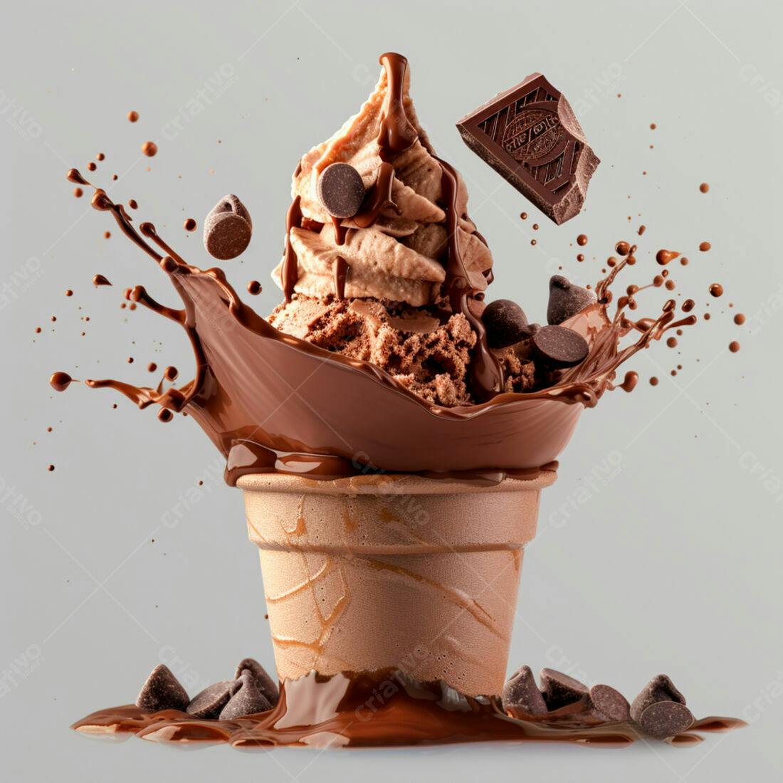Sorvete de chocolate em cascata com gotas e pedaço de chocolate