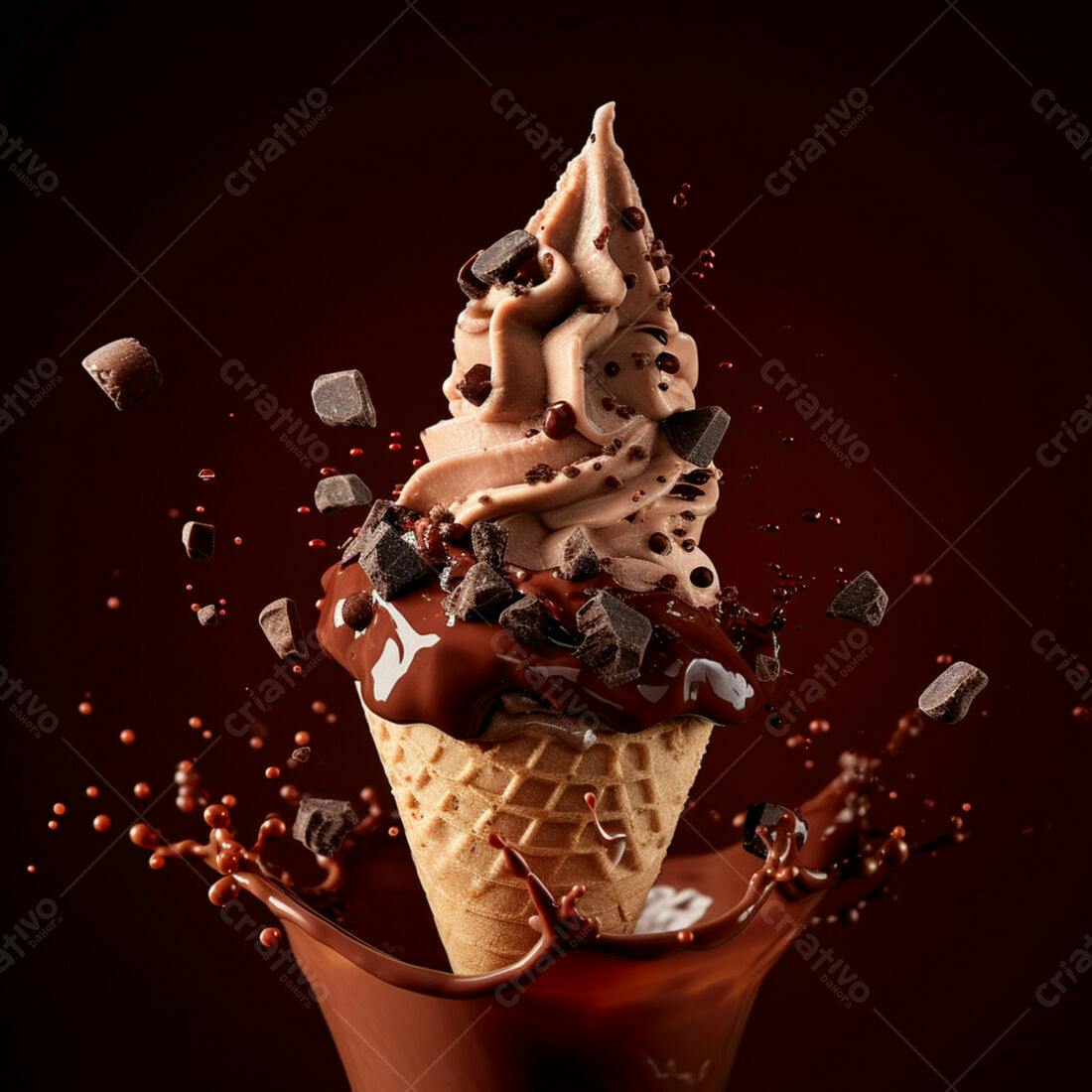Sorvete de chocolate com calda e pedaços