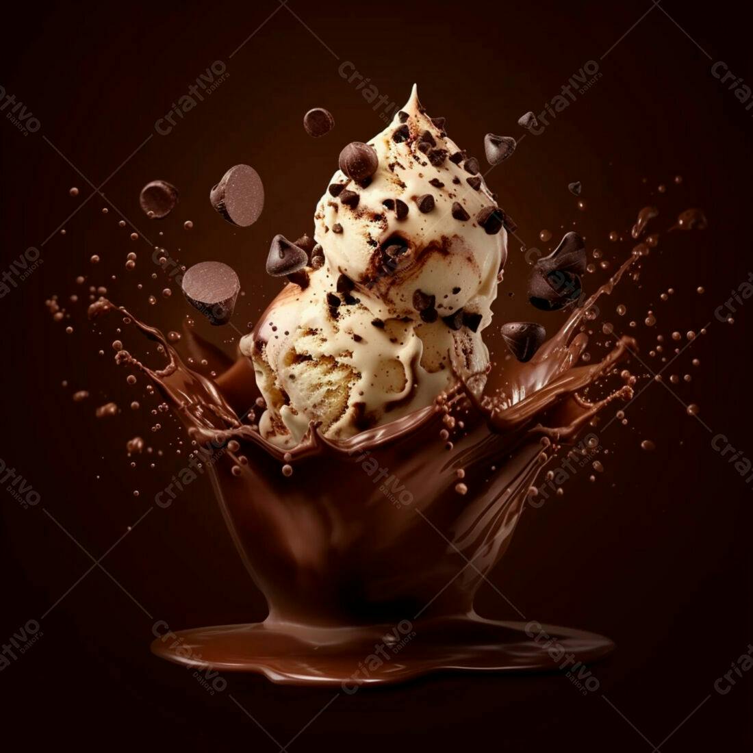 Sorvete de chocolate com gotas em splash de chocolate