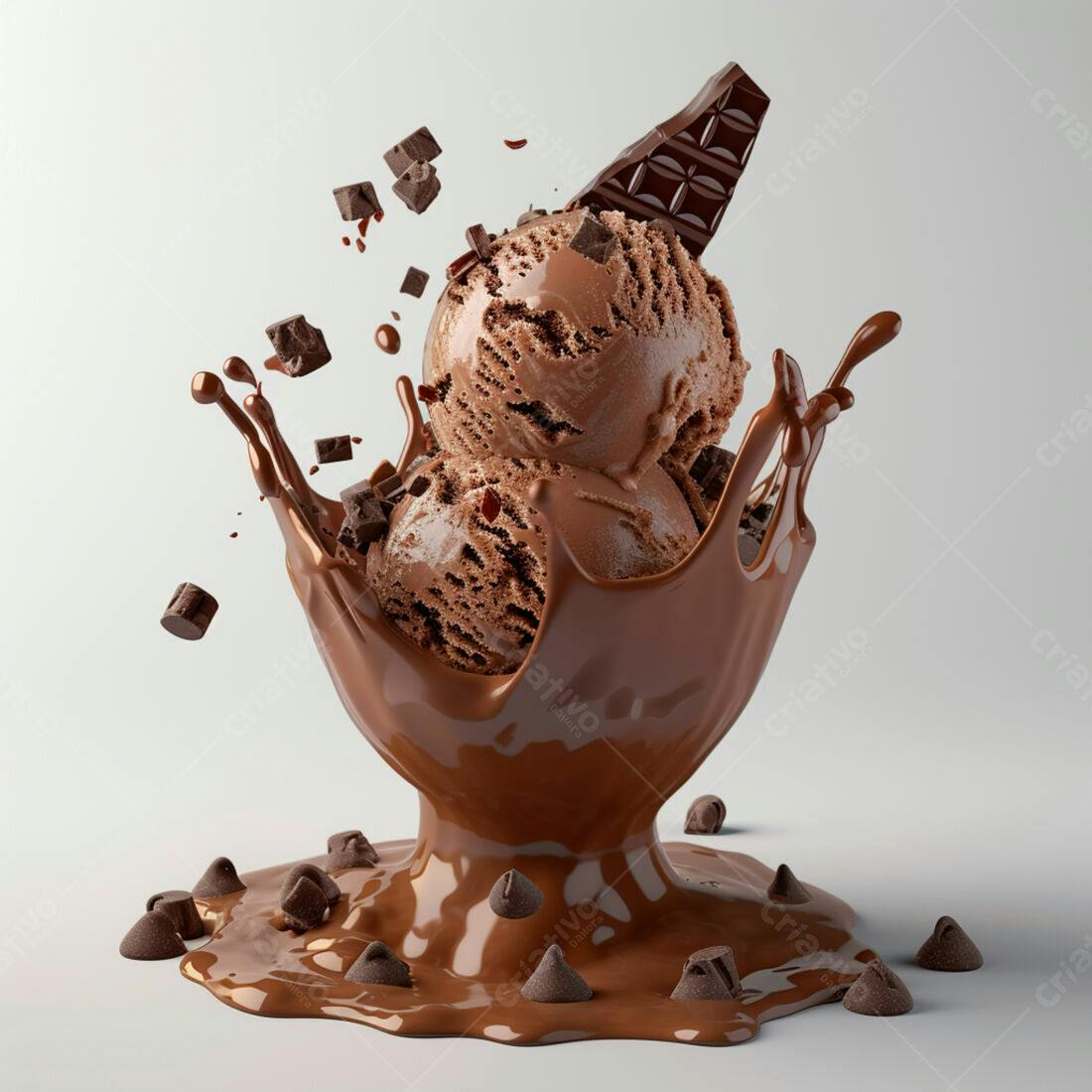 Dois scoops de sorvete de chocolate com pedaços de chocolate