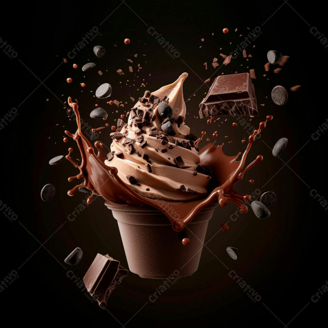 Sorvete de chocolate com calda e pedaços de chocolate