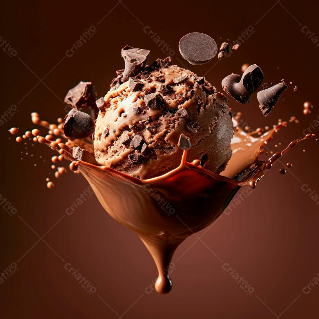 Sorvete de chocolate com pedaços de chocolate em splash