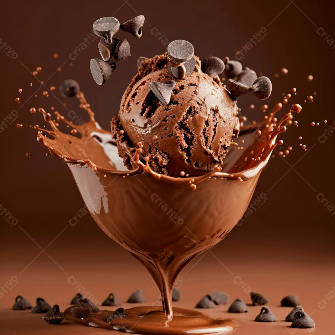 Sorvete de chocolate em calda com gotas