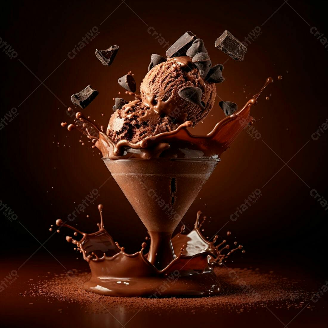 Sorvete de chocolate em taça com calda