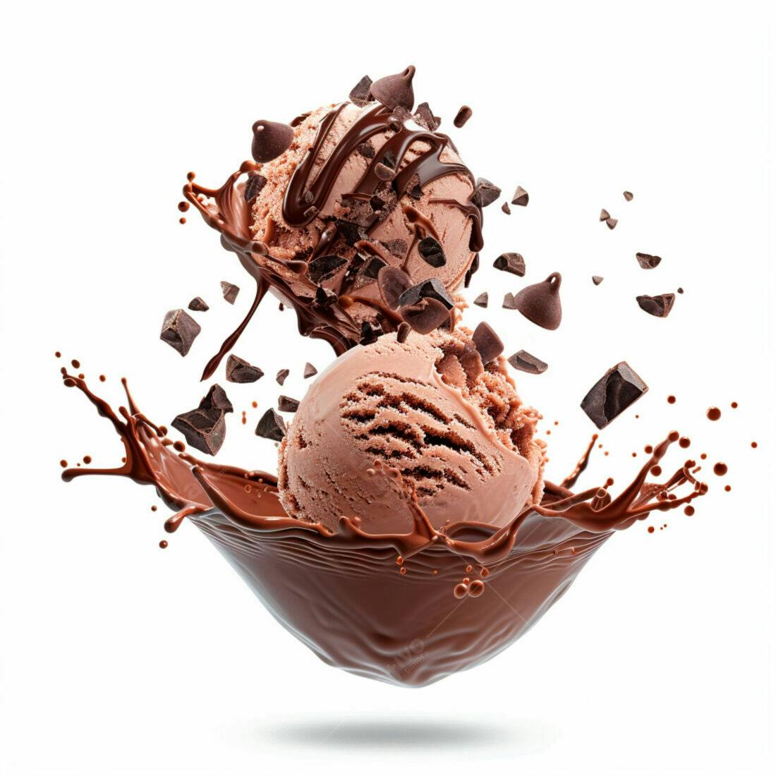 Sorvete de chocolate com calda e pedaços