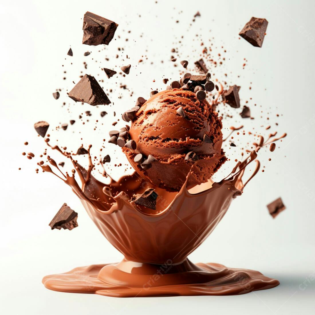 Sorvete de chocolate com pedaços de chocolate em calda