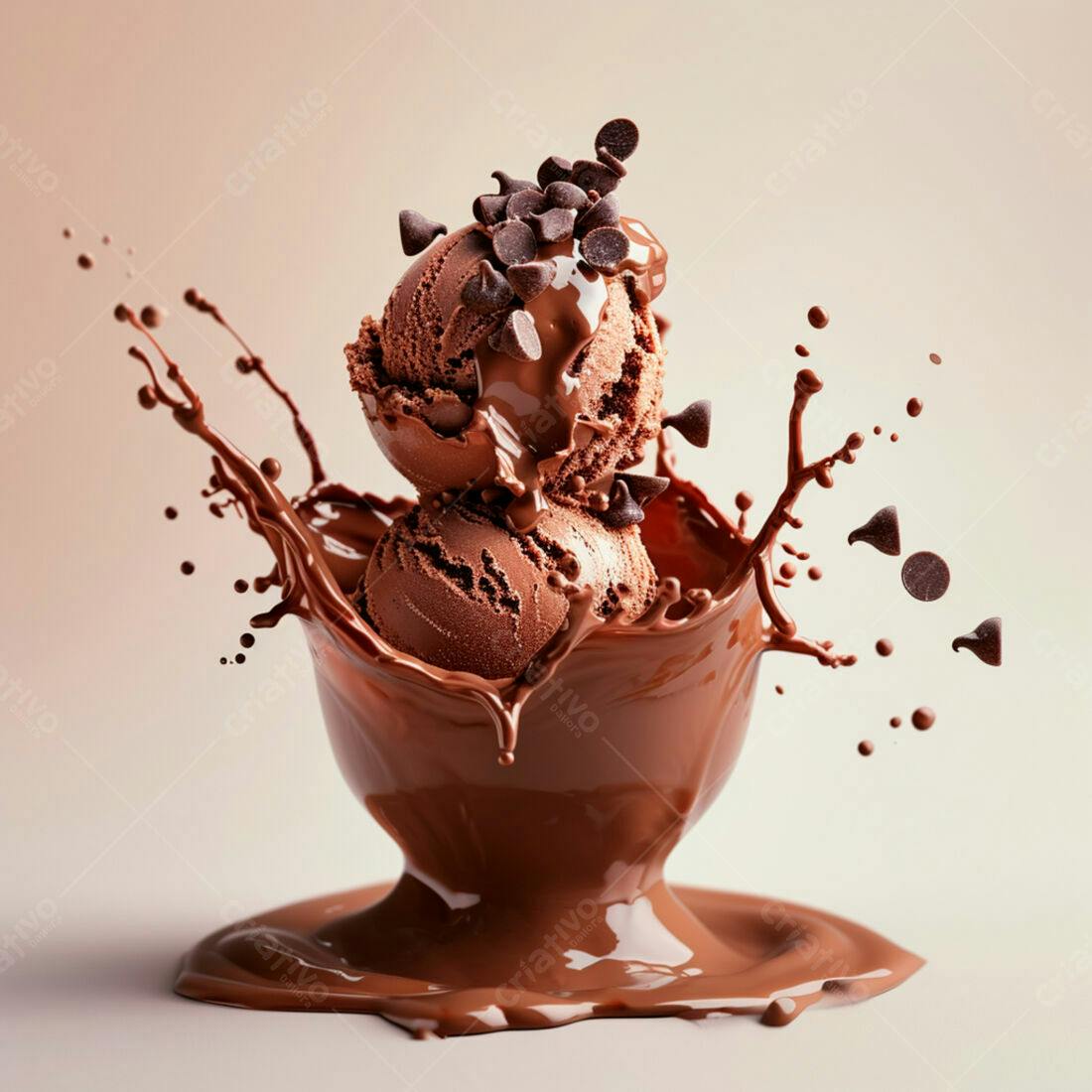 Dois sorvetes de chocolate com gotas em calda