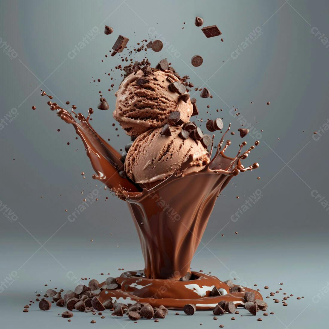 Dois sorvetes de chocolate com gotas em explosão