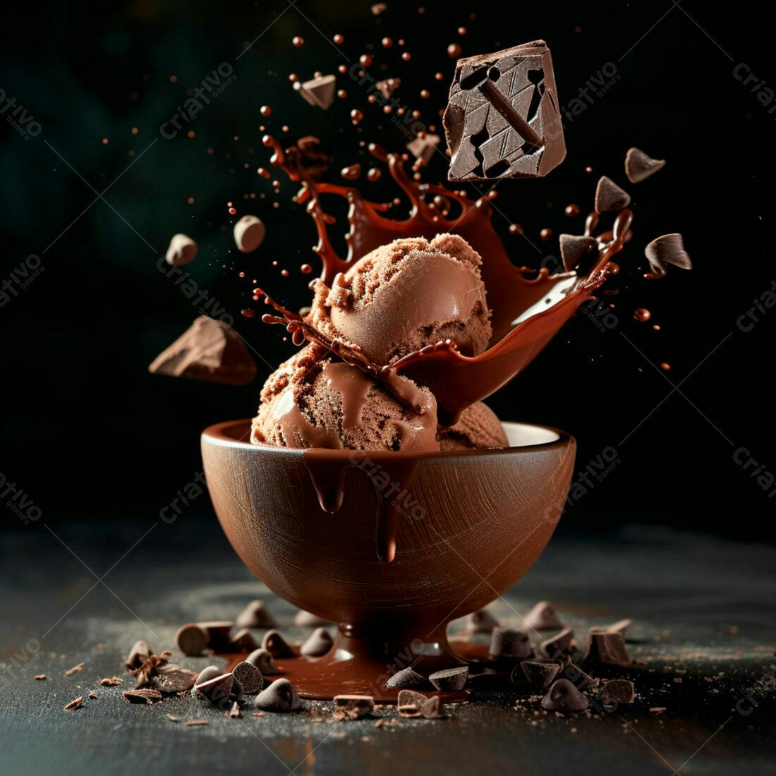 Sorvete de chocolate em tigela com calda