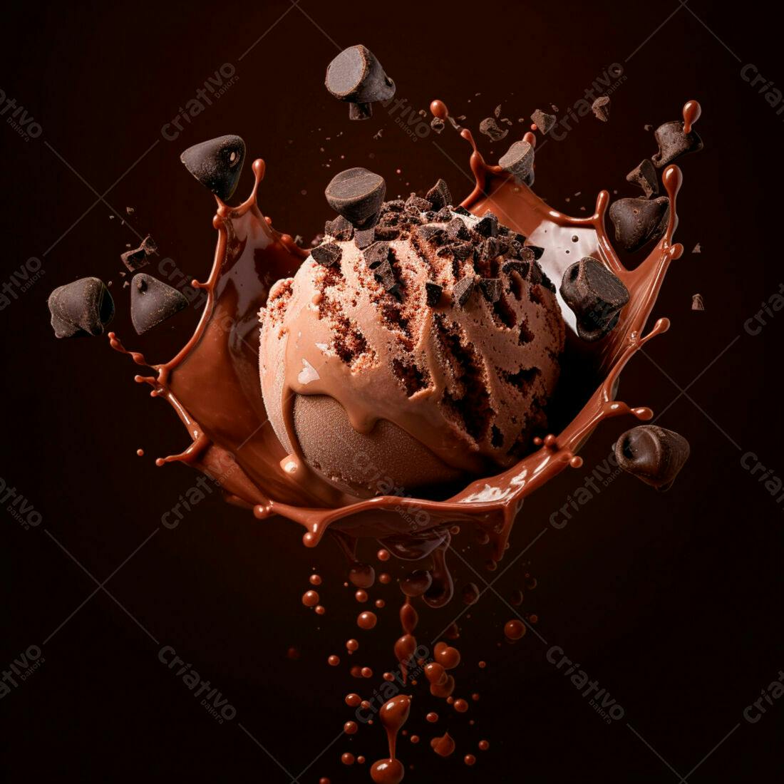 Sorvete de chocolate com gotas em splash