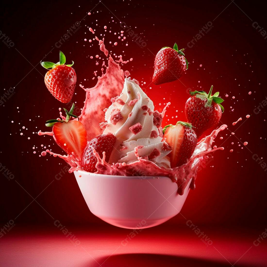 Sorvete de morango com calda em tigela rosa