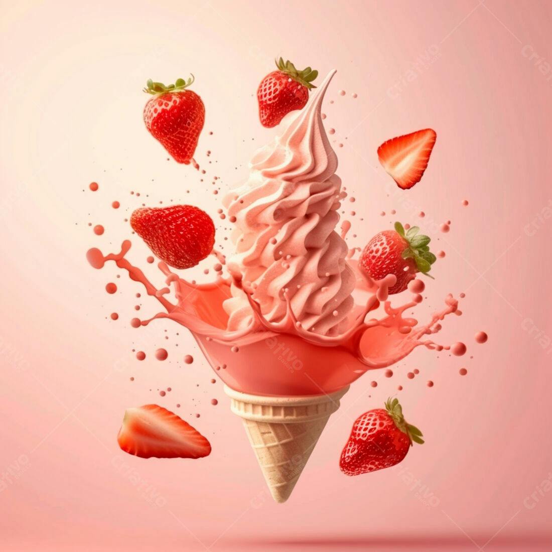 Sorvete de Morango em Cone com Splatter