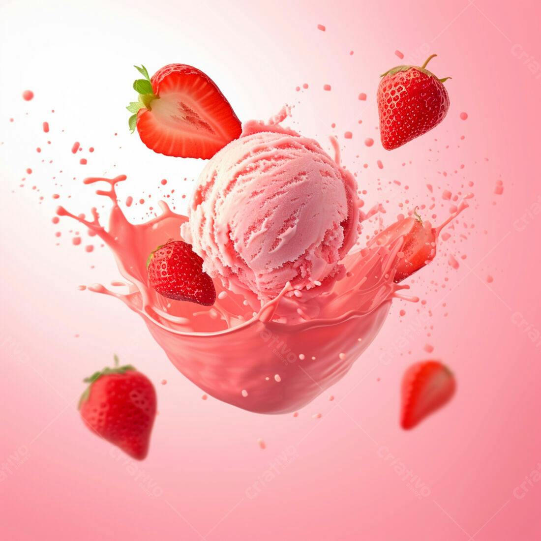 Sorvete de morango em splash rosa