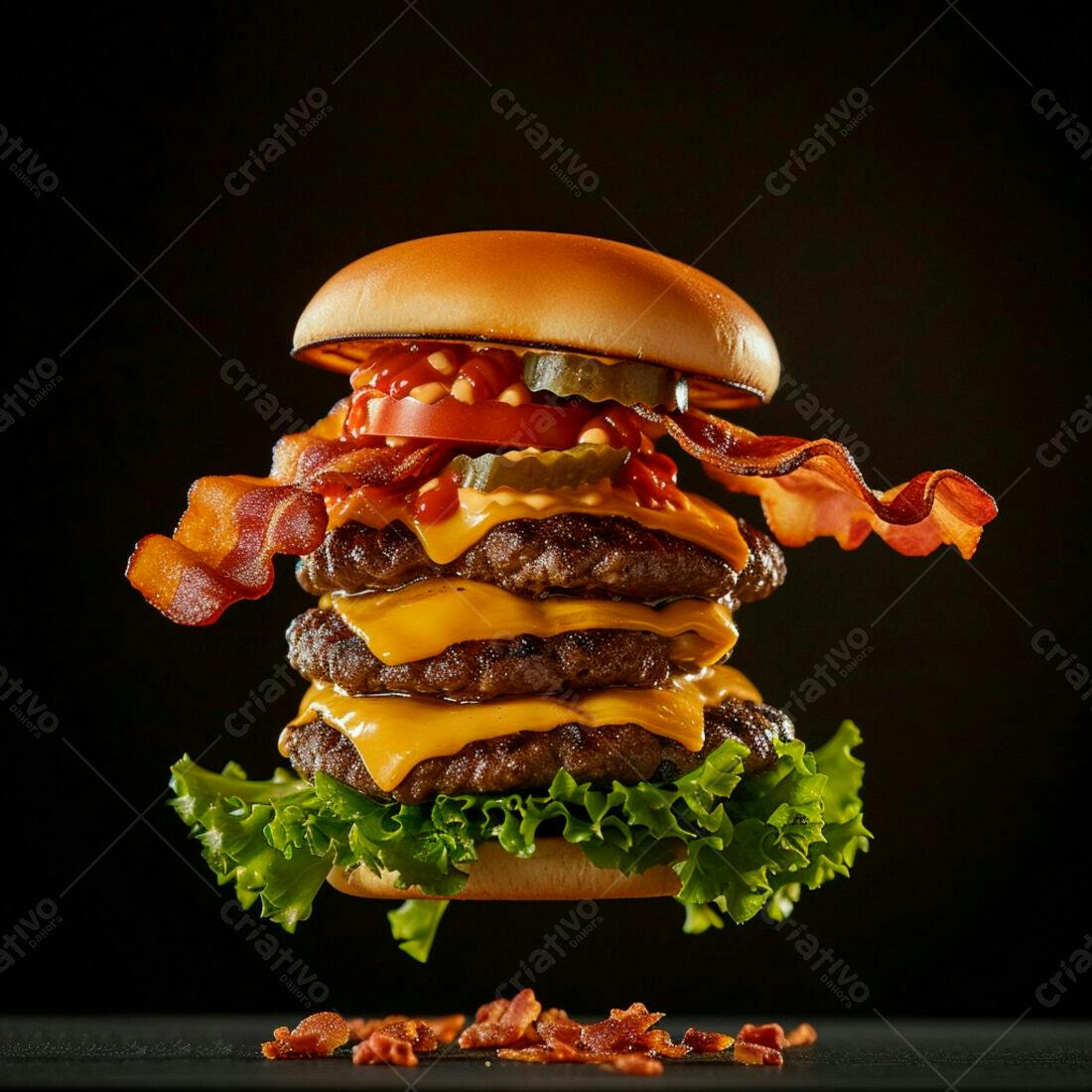 Triplo hambúrguer bacon e queijo fotografia