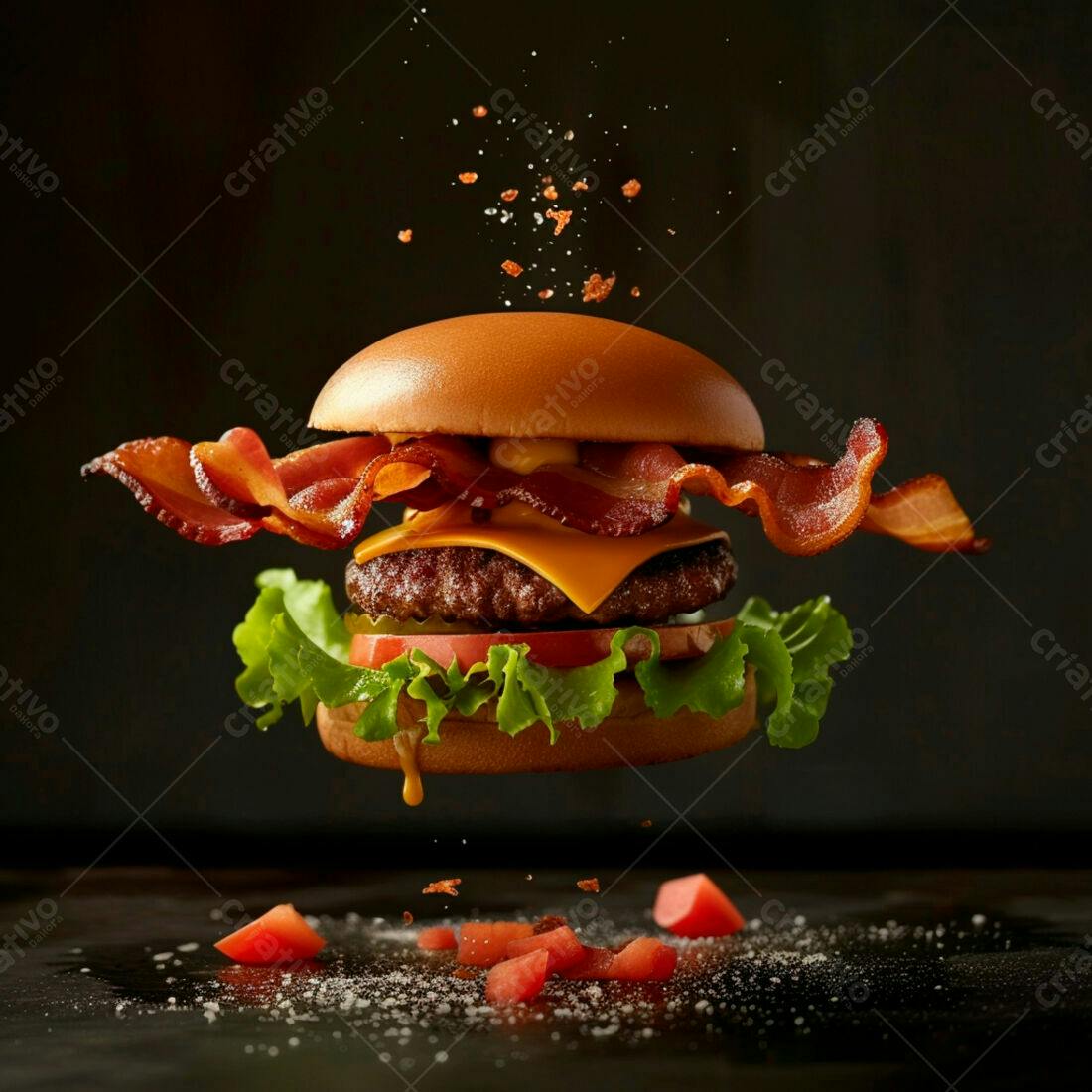 Hambúrguer com bacon em levitação