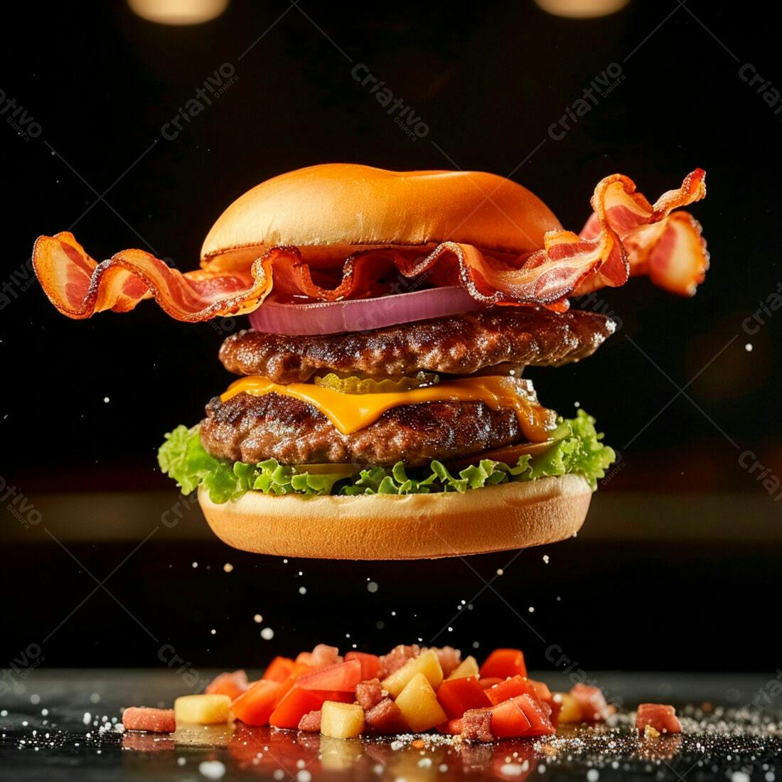 Duplo hambúrguer bacon alface tomate