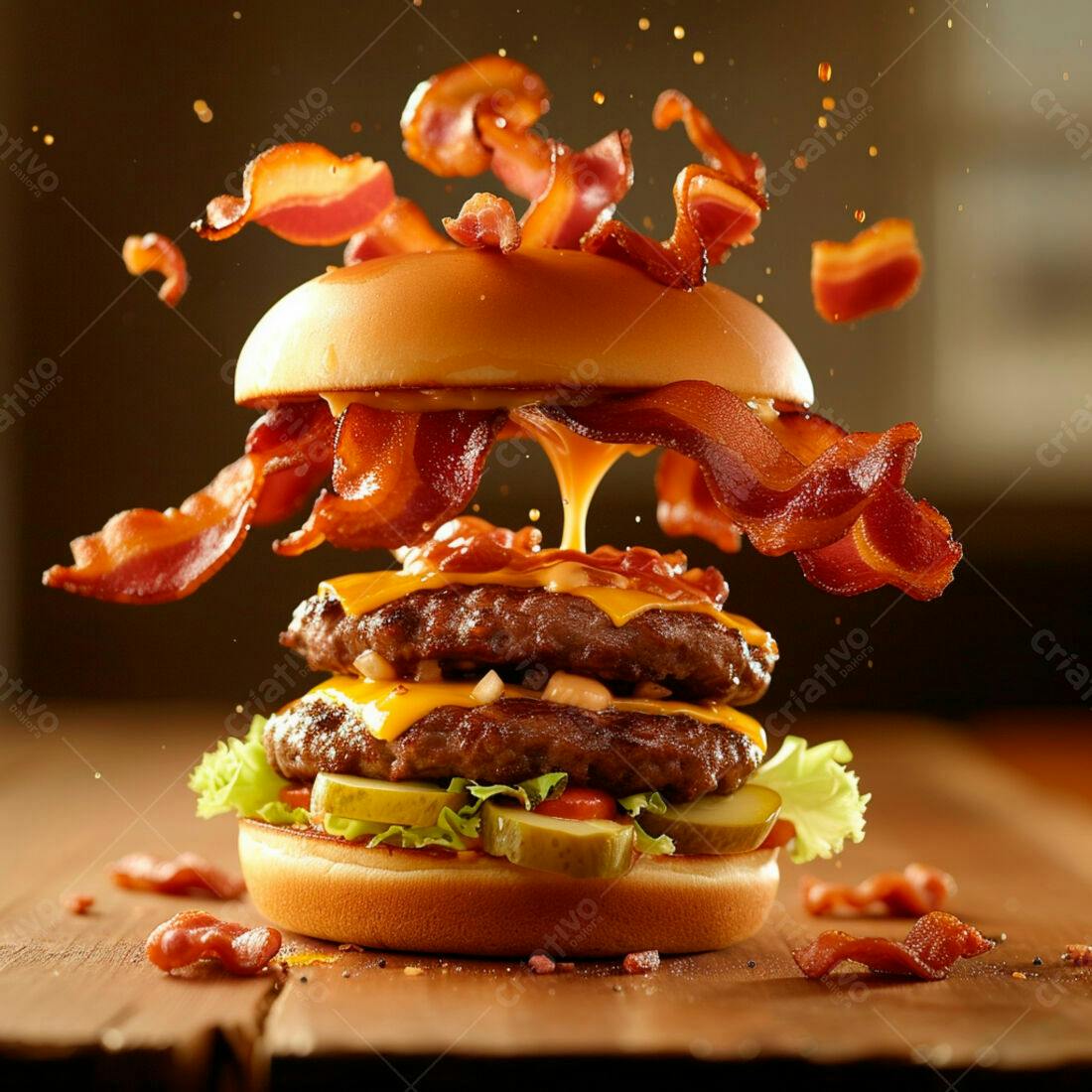 Duplo hambúrguer com bacon no ar